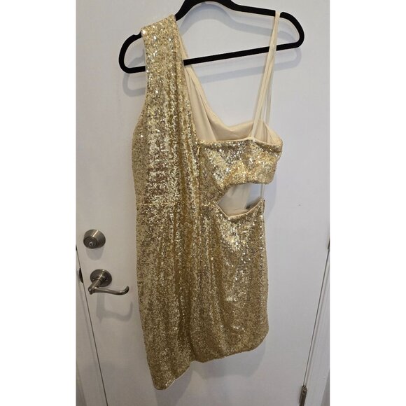 BCBGMAXAZRIA Gold Sequin One-Shoulder Mini Dress Draped Detailing Side Cutout XL - Picture 7 of 16